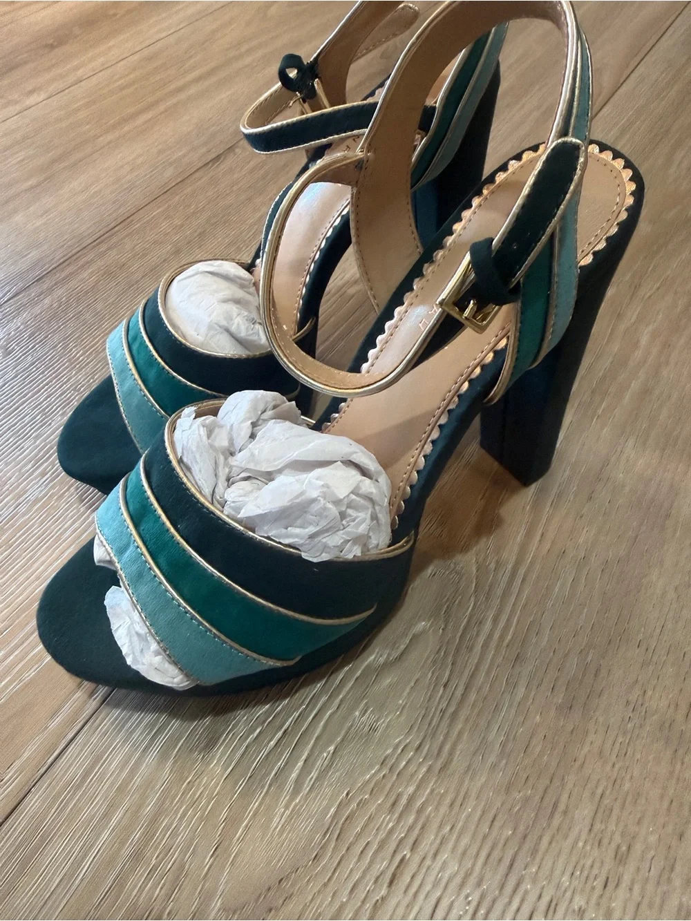 Teal & Black Strappy High Block Heel Sandals with Gold Trim
